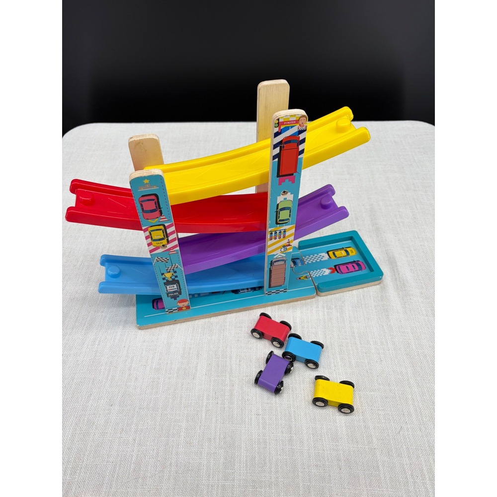 Wooden Car Ramp Racer Toy Zig Zag Race Track with 4 Mini Cars Toddler Toy